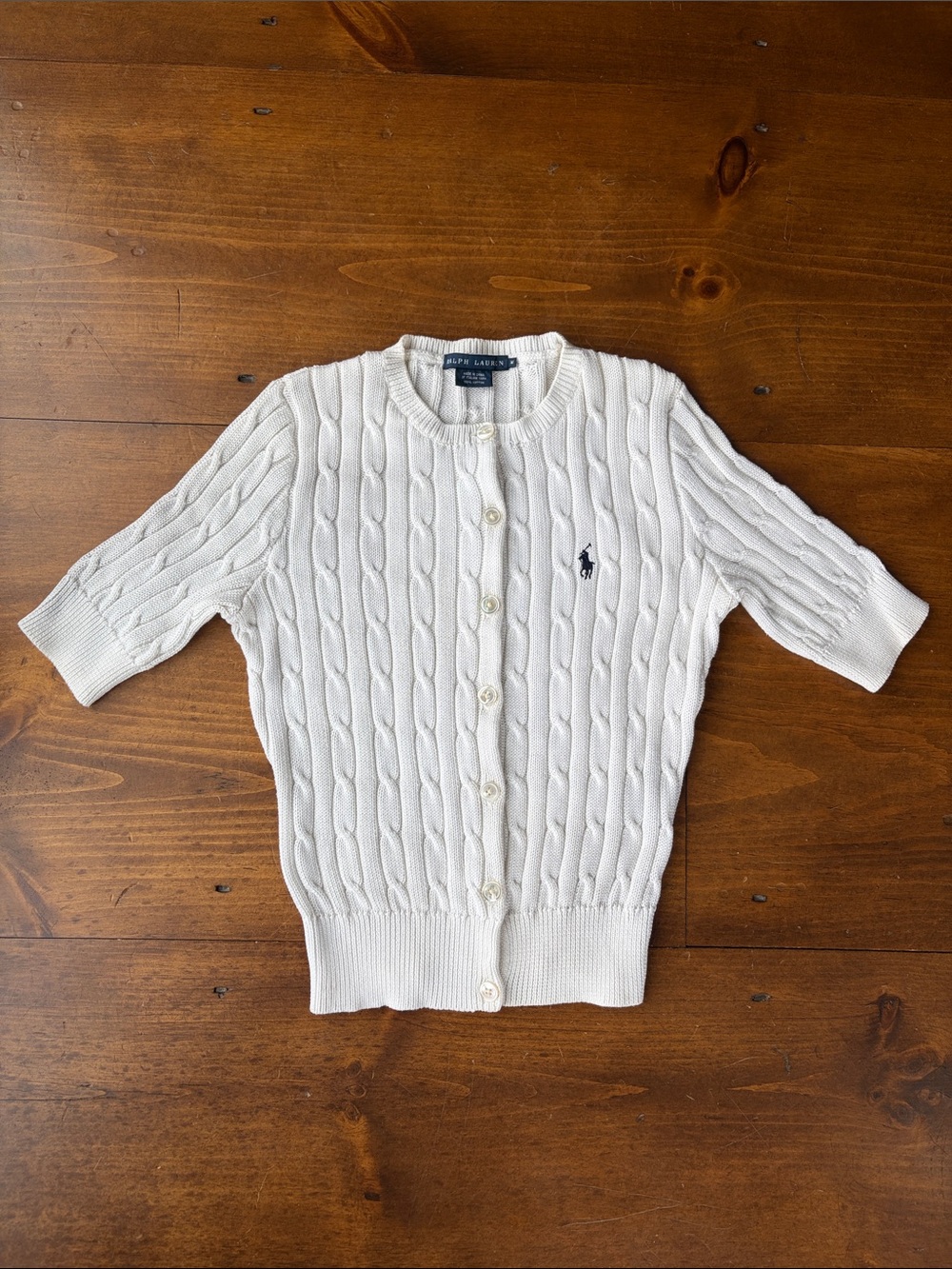 Ralph Lauren Off White Cable Knit Short-Sleeve Cardigan Sz M